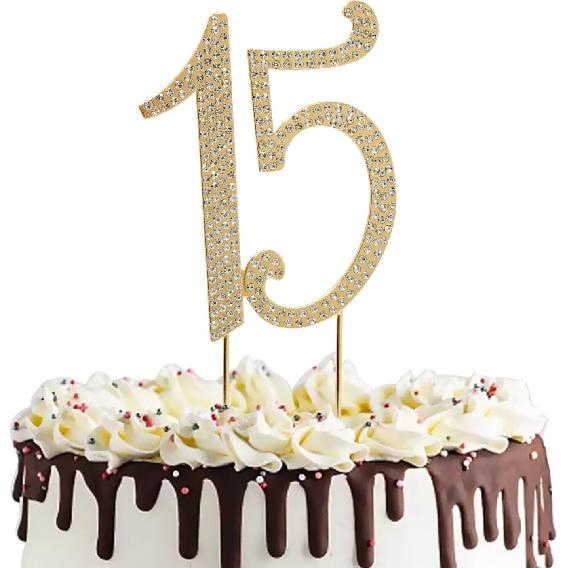 Honbay 15 Birthday Cake Topper Sparkly Bling Alloy Crystal Rhinestones Cake Topper Cake Decoration for 15th Birthday or Anniversary Party (Gold)