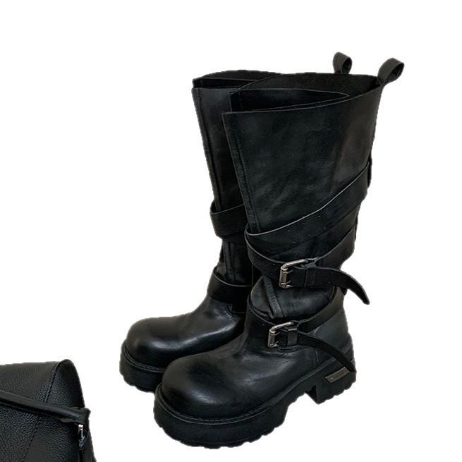 Height increase of 6cm~ three-dimensional round head belt buckle thick-soled thick-heeled knight boots women's 2025 new thin versatile locomotive boo