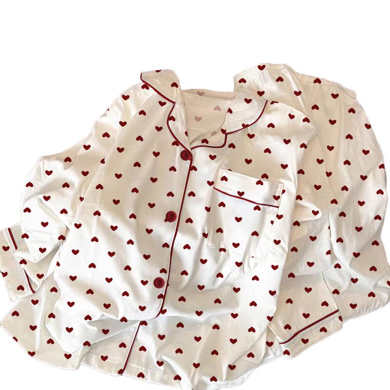 Gentle Spring/Summer Girls' Pajamas - Long Sleeve, Thin Heart Jacquard, High-End Loungewear