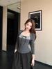Korean Style Striped Spliced Two-Piece: Women's Winter Cotton T-Shirt & Black Woollen Midi Skirt Set