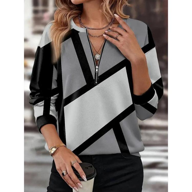 Color Block Printed V Neck T Shirts for Women Loose Casual Tops Long Sleeved High Street Autumn Geometry Zipper Clothes