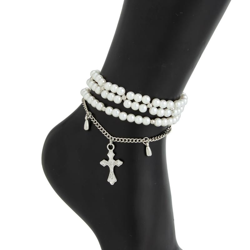 Fashion Double-Layer Tassel Pearl Chain Simple Foot Ankle Beach Party Jewelry For Women Versatile Cross Chain Foot Bracelet Gift