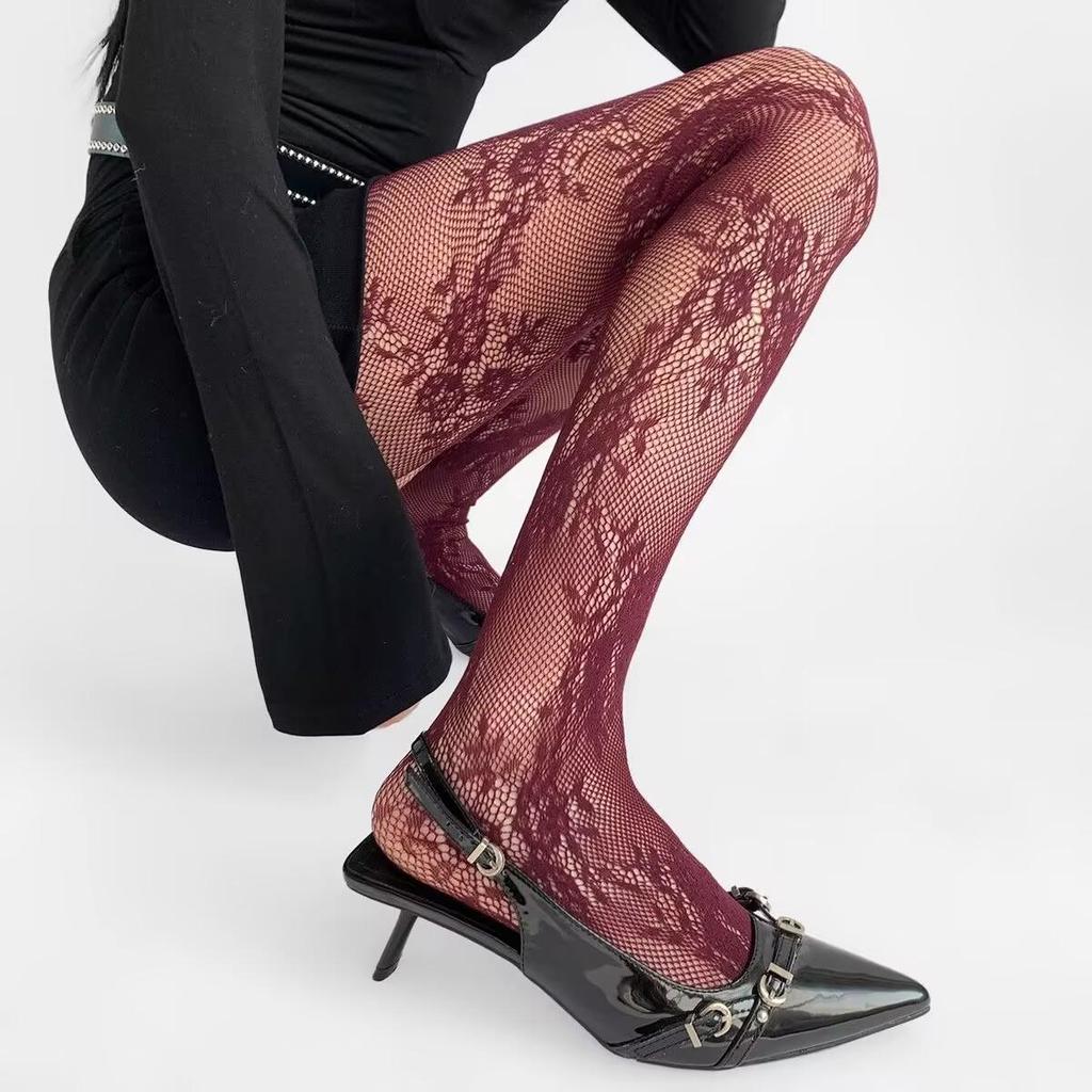 Retro Floral Jacquard Fishnet Stockings, Y2K Black Anti-Snag Stockings for Women