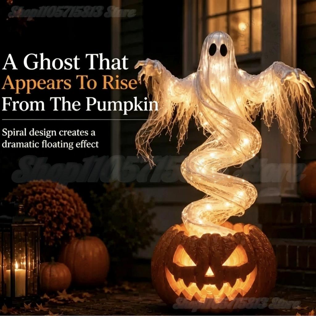 Lampă de Curte Dovleac Fantomatic Rotativ, Lumină de Sol pentru Grădină LED de Halloween | Decor Dovleac Fantomatic Iluminat de Exterior pentru Halloween