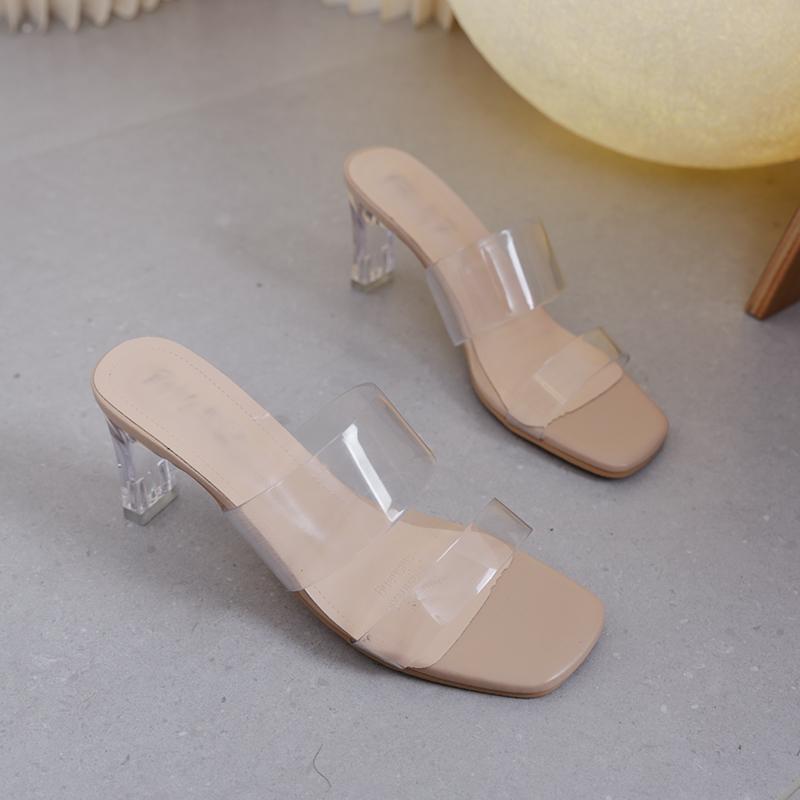 

Тапочки для женщин Обувь Открытый носок Прозрачные повседневные шлепанцы Женские тапочки Квадратные туфли на высоком каблуке 42 розовый