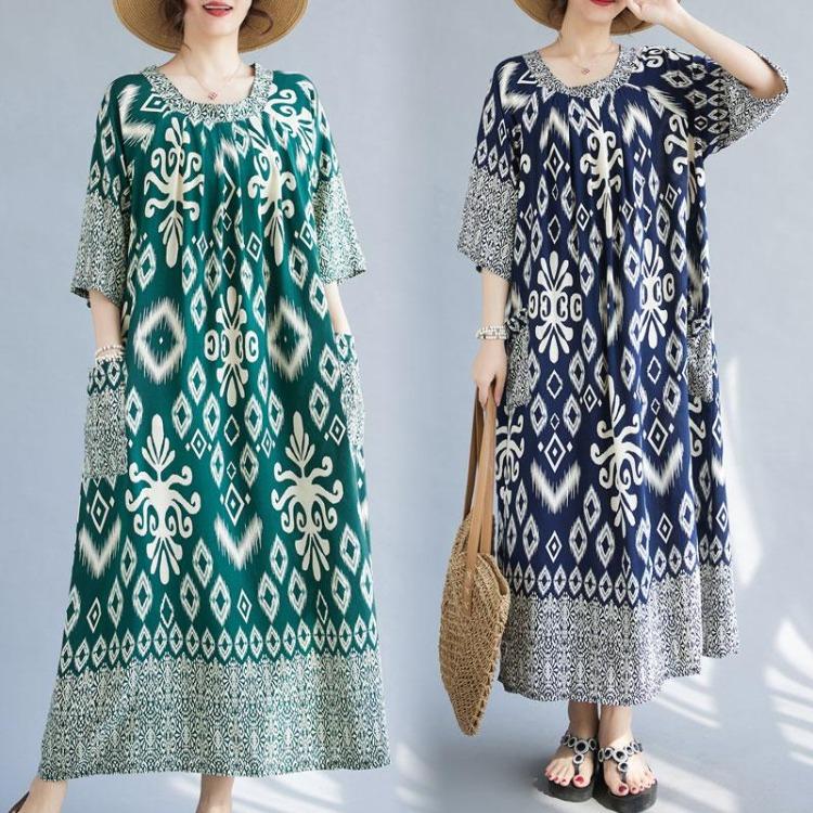 Nuevo Vestido de Verano Vintage de Algodón Tallas Grandes para Mujer Holgado Oversize Largo Vestidos Básicos Cuello Redondo