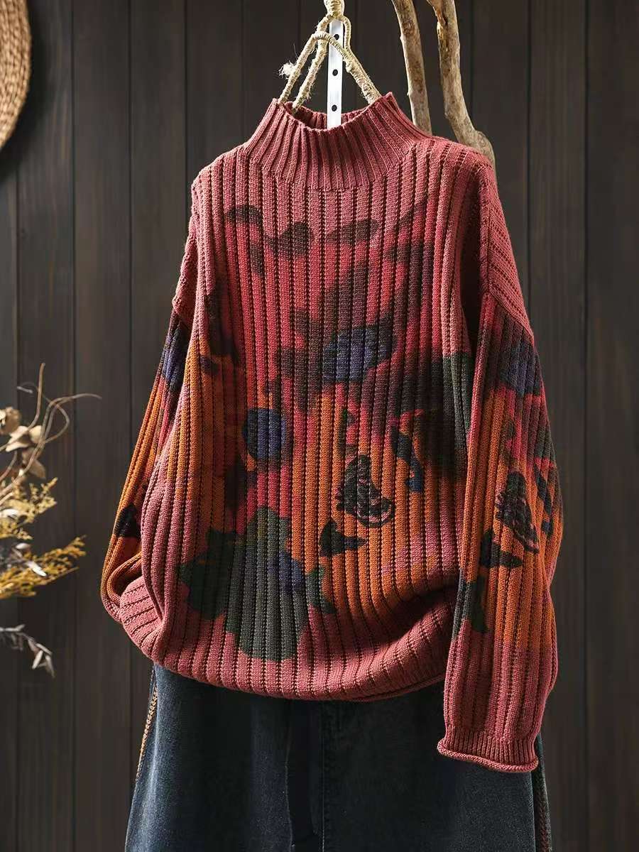 

Johnature Женские свитера-пуловеры с цветочным принтом Зимние вязаные повседневные женские свободные свитера One Size красный