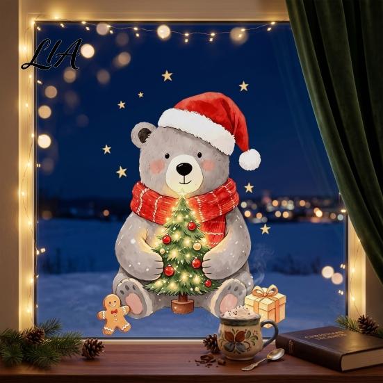 Festive Winter Window Decorations Christmas Bear Static Clings, Cute Holiday Glass Decals, Waterproof PVC Gift for Kids Stickers Home Store Doors And