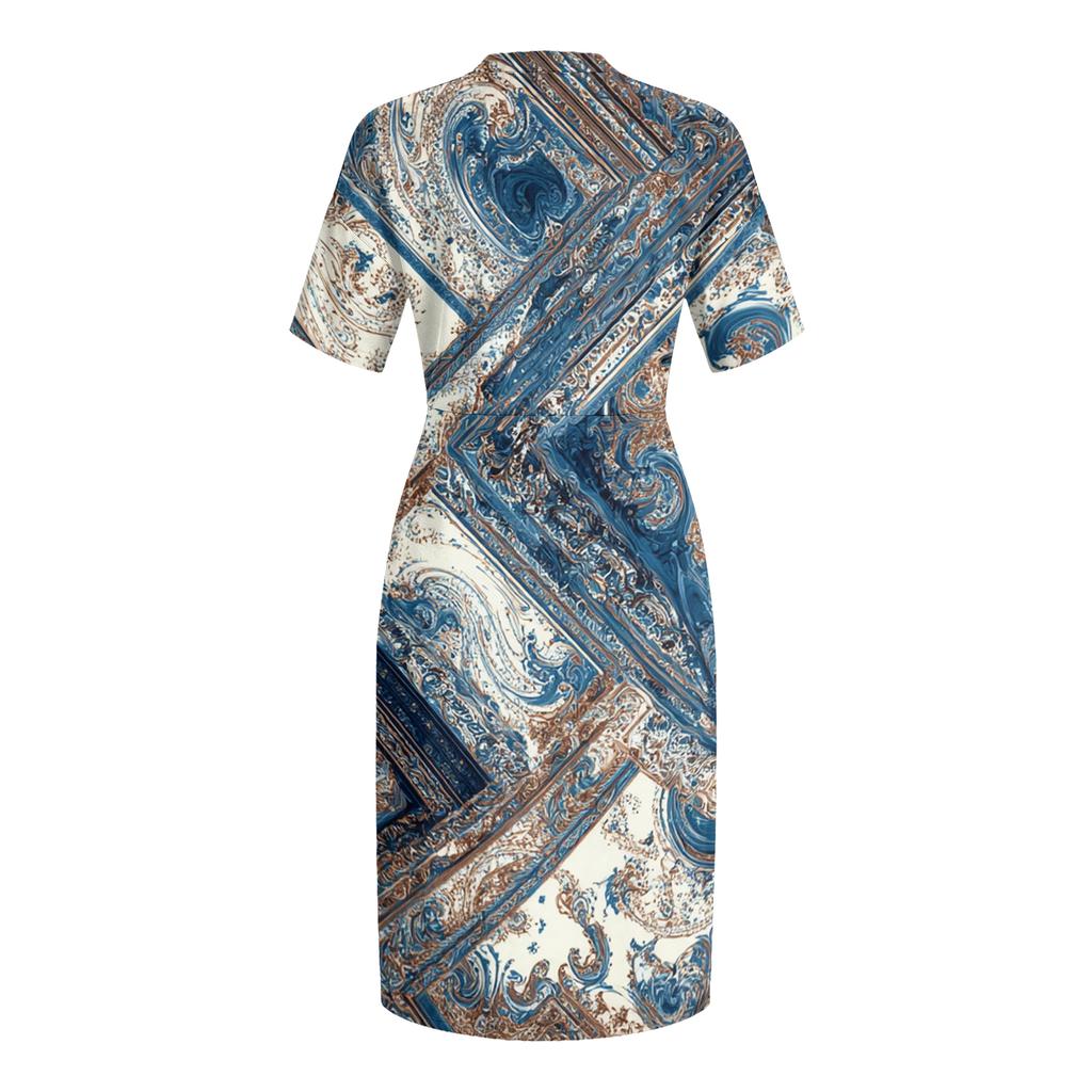 Summer Plus Size V Neck Short Sleeve Knee Pocket Print Casual Dress For Women