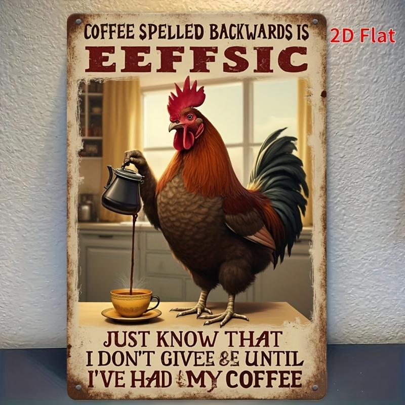 [2D Flat] 1pc Inverted Spelling Is Coffee" Wall Hanging Decor - Rustic Iron Poster with Rooster Design, Ideal for Home Bar Decor