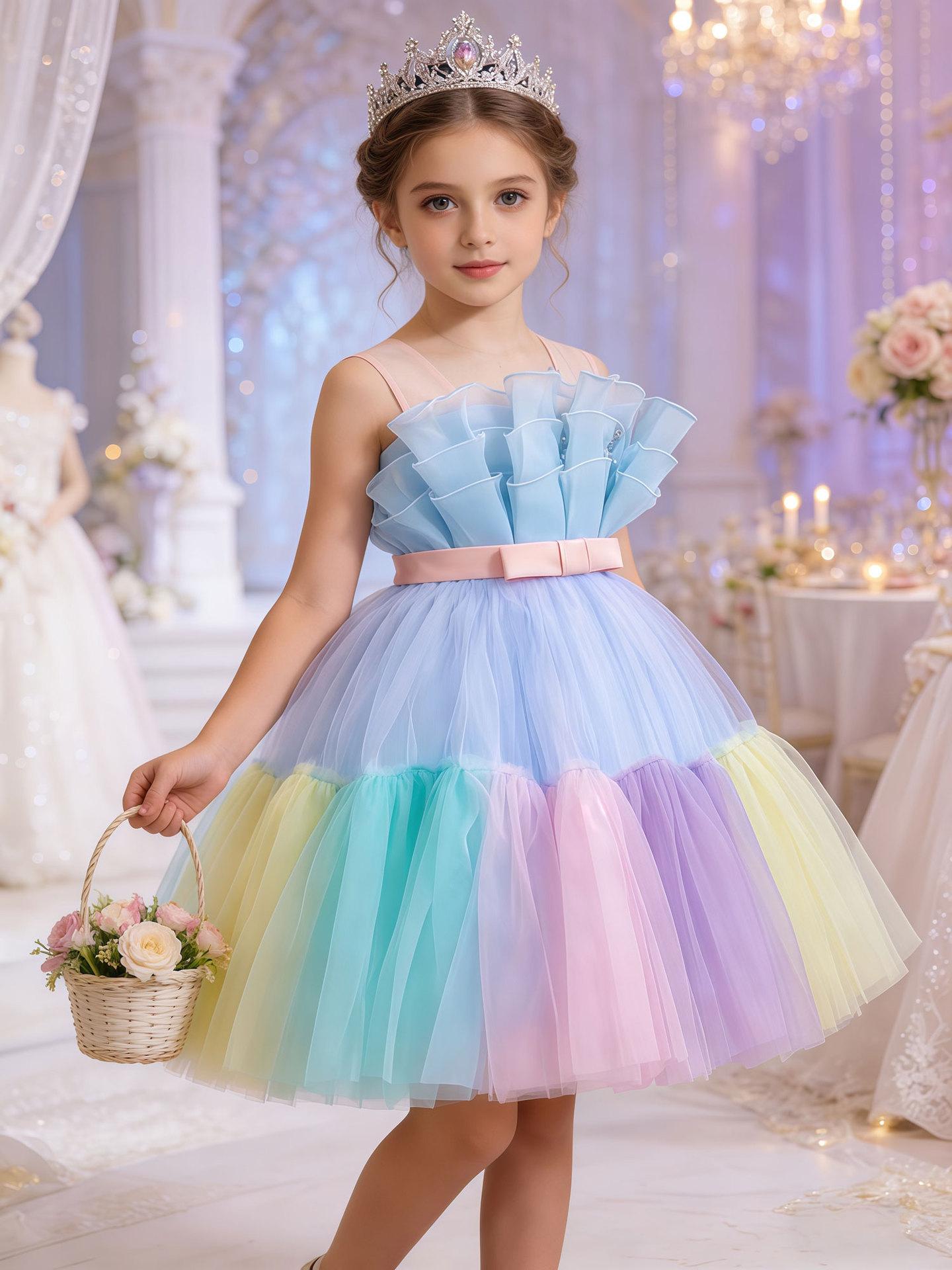 Girls  Color-Blocked Princess Dress: Children s Sleeveless Color-Blocked Bow Dress for Performances 100cm небесно-голубой