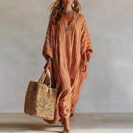 Women's Summer Striped Maxi Dress Loose Fit V-Neck 46085 Sleeve Boho Long Dress Casual