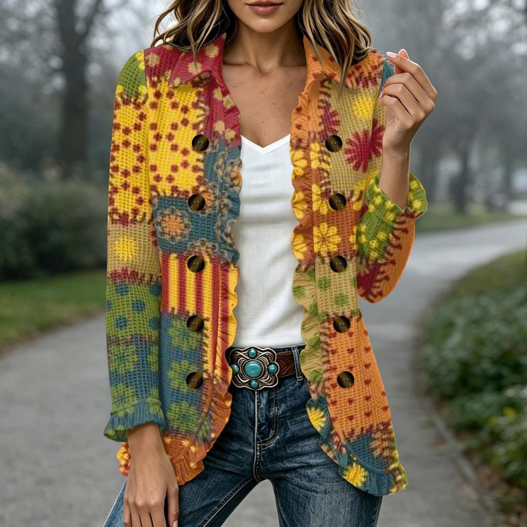 Women's Fashion Plaid Print Long Sleeve Ruffled Open Front Jacket
