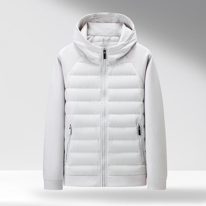 

Чоловіча легка біла пухова куртка з капюшоном (90% пуху качки) – З індивідуальним логотипом, Зручна командна верхня одежда для осені/зими L брудно-білий