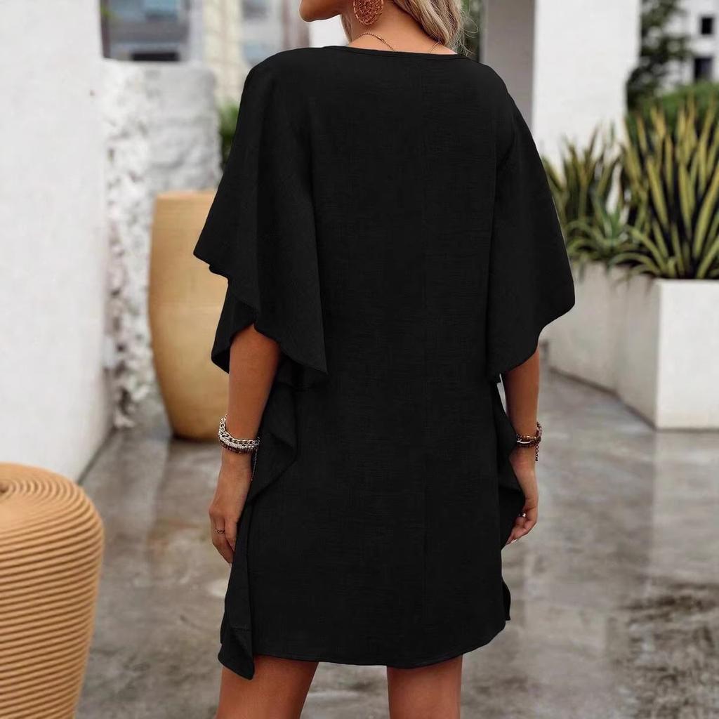 Letní dámské jednobarevné volné volánkové šaty s výstřihem do V a módním límcem