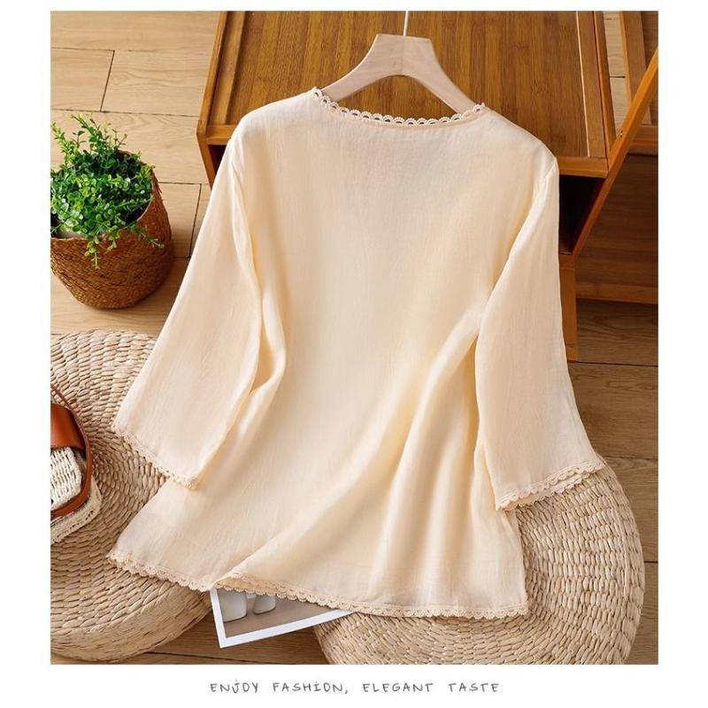 Women's Green Linen Blouse Chinese Style Frog Button Floral Embroidery 3/4 Sleeve Casual Top