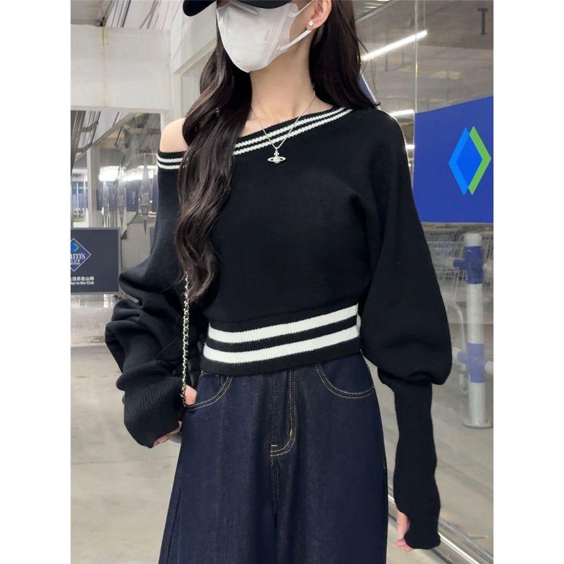 

Kumikumi Pure Desire Wind Oblique Shoulder Loose Temperament Easiest for Match Long Sleeves Sweater Female Autumn Slimming Chic Anti-Aging Top Black One size