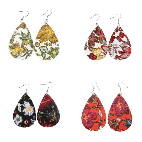 Water Drop Dangle Embroidery Faux Leather Hook Earrings Women Banquet Jewelry