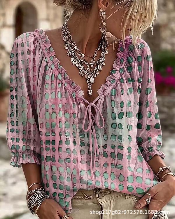 Summer V-neck T-shirt printed streamer loose casual fashion top seven-quarter sleeve summer short sleeve top