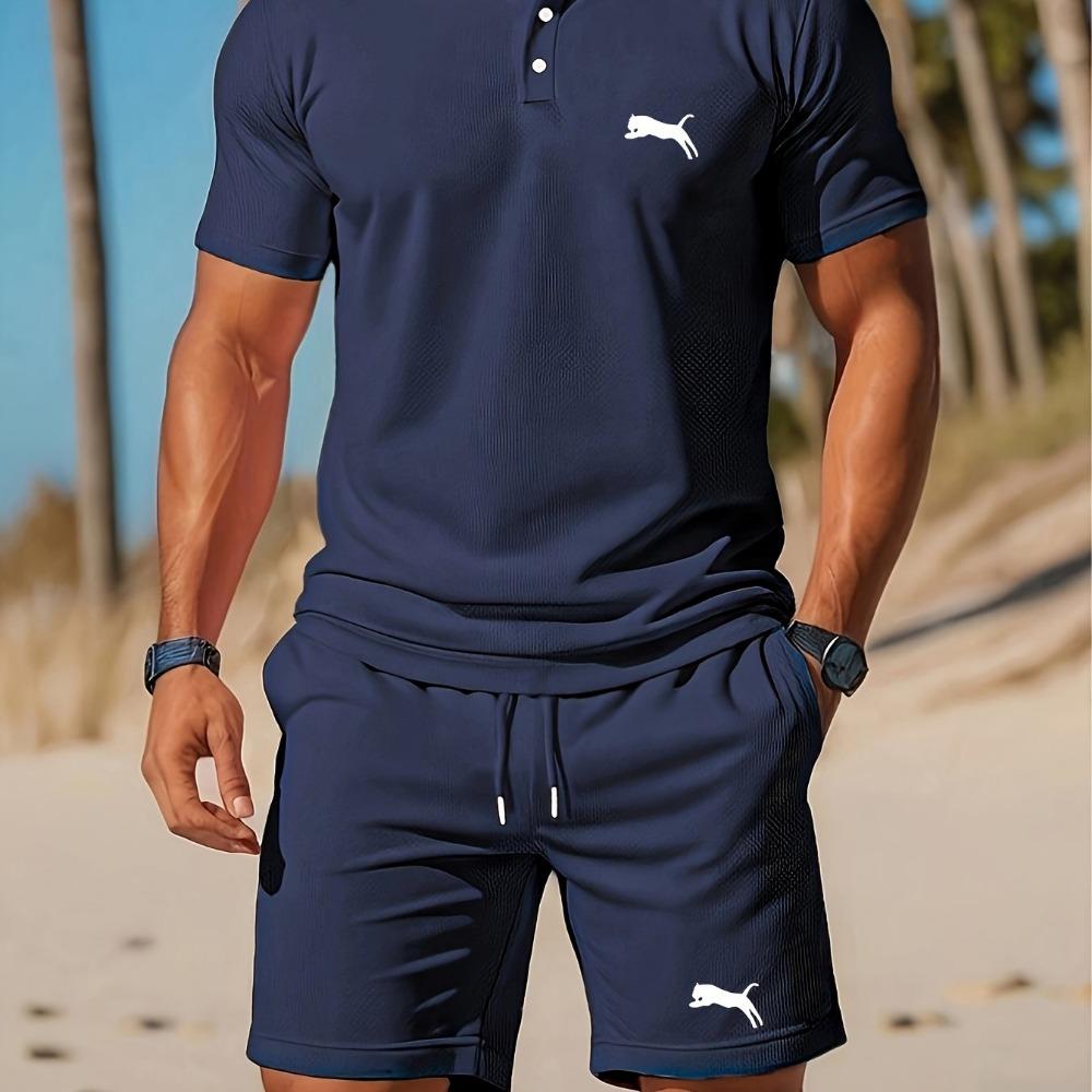 

Men s Essential Summer Outdoor Sportswear Set: Casual Comfortable Short-Sleeve Shirt and Drawstring Pocket Elastic Waist Shorts S