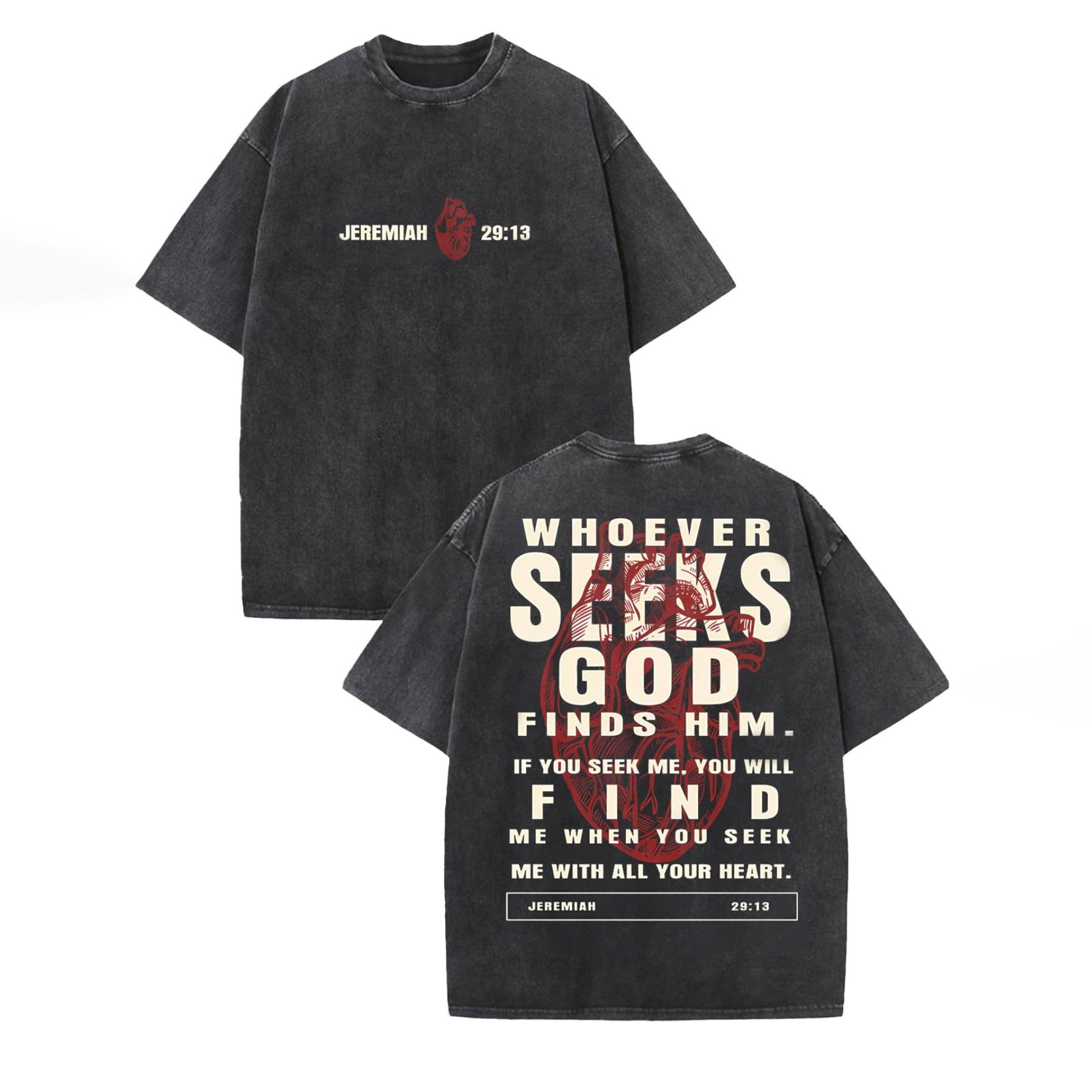 

Oversized, washed-out vintage-style cotton T-shirt featuring the phrase “Seek the Lord” and an anatomical diagram of a heart, based on Jeremiah 29:13 XL чорний