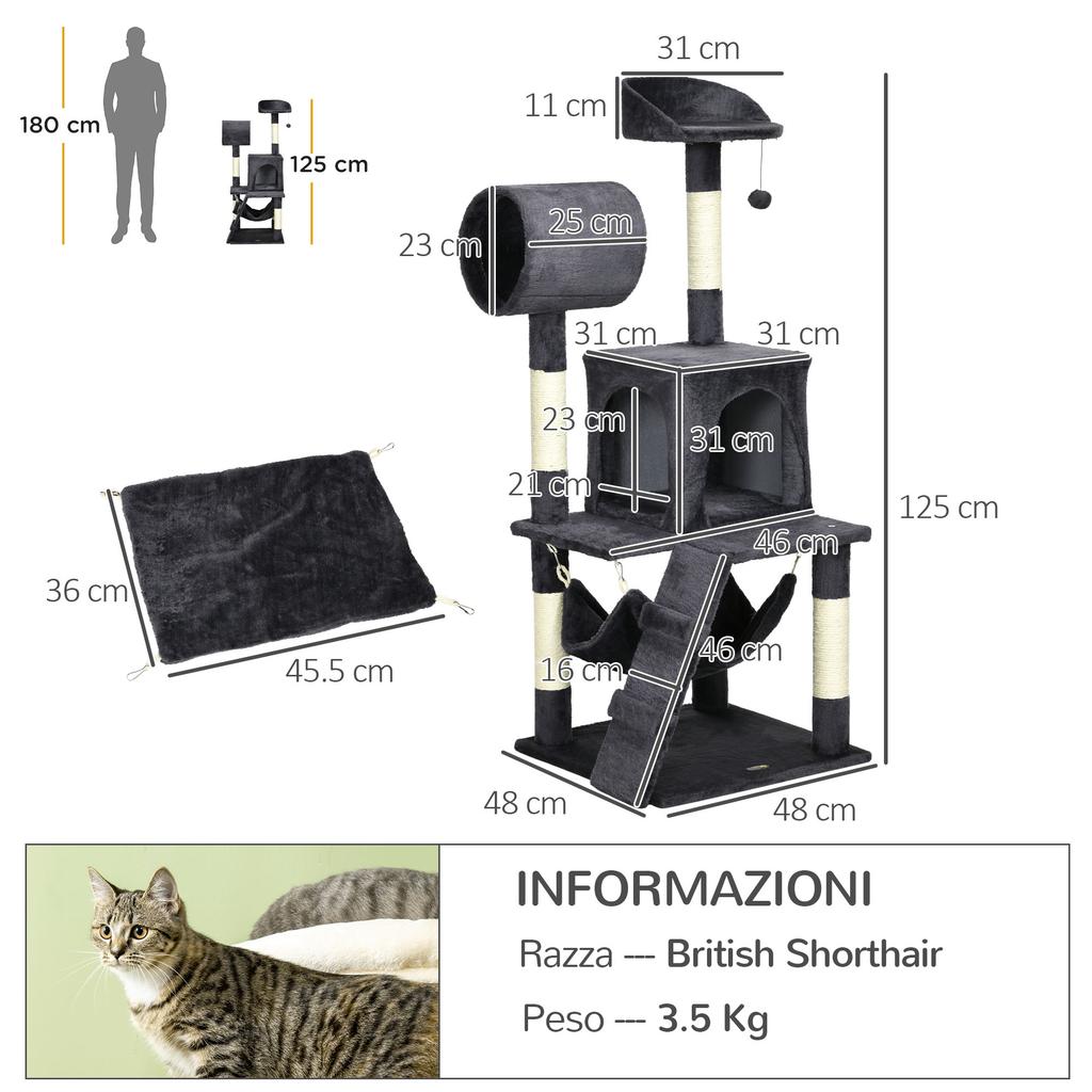 Cat Tree with Cat Scratching Post, Cat House, Hammock, Bed, Tunnel and Ball, 48x48x125 cm, Dark Grey