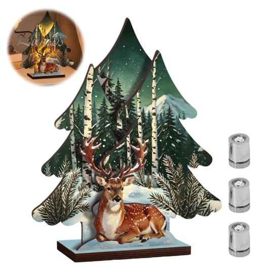 Exquisite Wood Craft Wooden Christmas Tree Table Decor with LED Light, Rustic Standing Sign Party Supplies Reindeer Santa Claus for Holiday