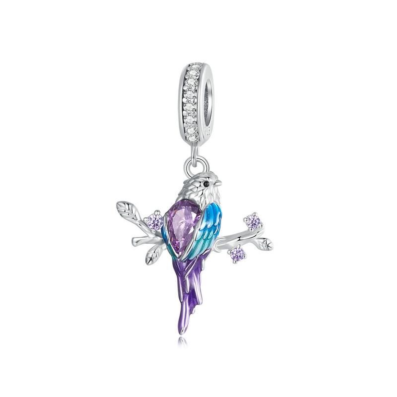 WOSTU 925 Silver Different Side Enamel Hummingbird Charm Heart Glass Bird Body Peacock Beads Fit Original Bracelet Gift