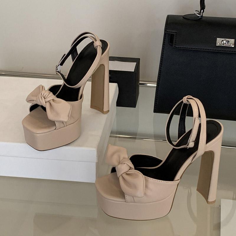Liyke Apricot Leather Bowknot Designer Platform High Heels Sexy Sandals Women Square Toe Buckle Strap Chunky Shoes Zapatos Mujer