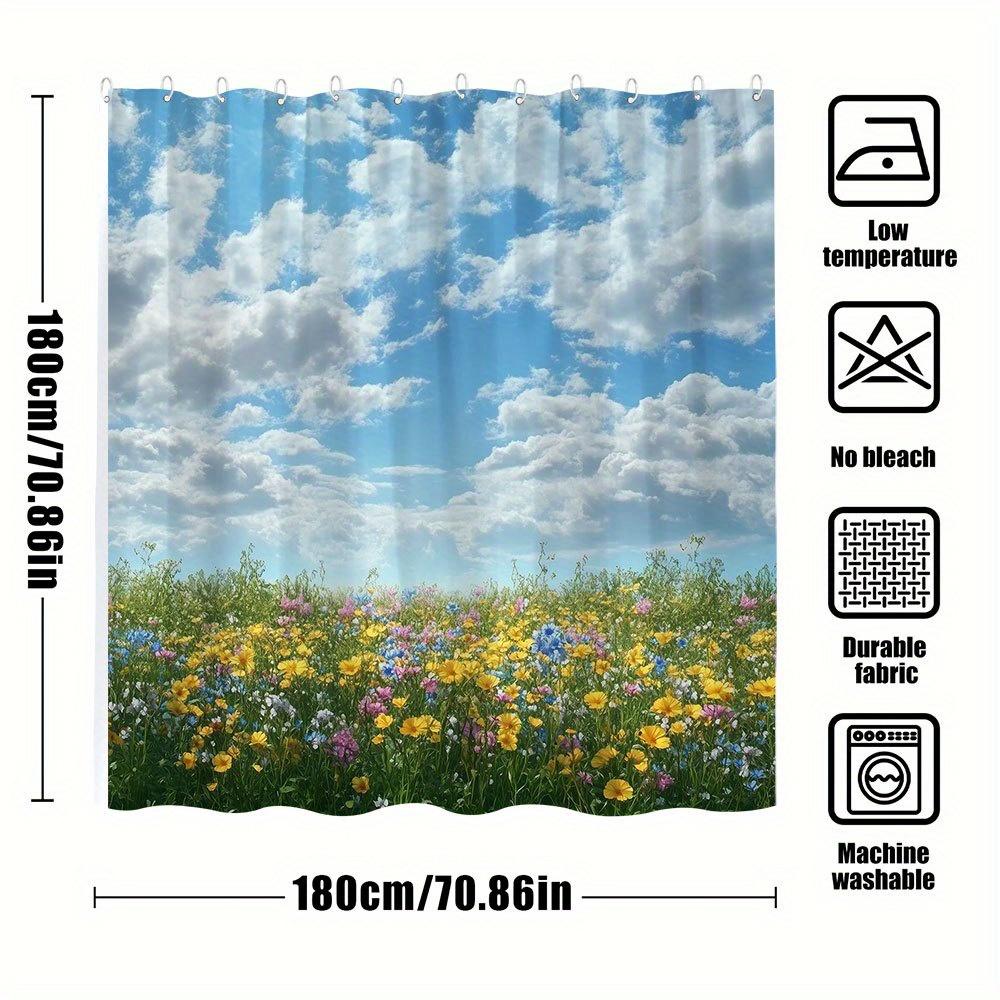 1Pc Extra Large Bath Curtain - Wildflower Meadow Shower Curtain With Vibrant Floral Landscape, Clear Blue Sky & Greenery - Machi