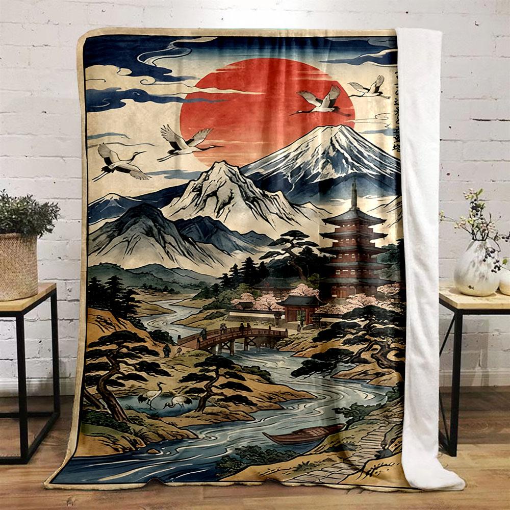 Japanese Scenery with Mount Fuji Patterned flannel blanket perfect for the bedroom living room, sofa, or a little nap