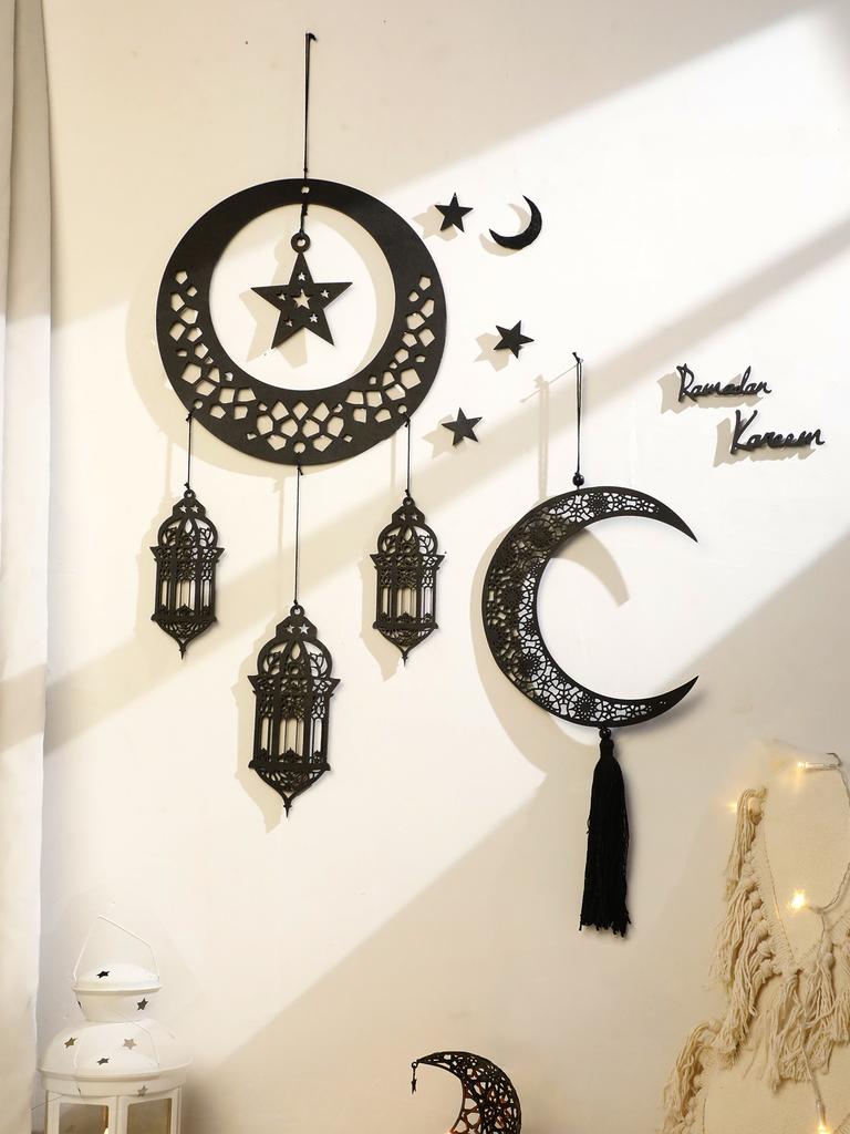 Black Wooden Hanging Lanterns Crescent Moon with Star Cutouts and Tassel, for Ramadan and Eid, Islamic Festival Home Decorations