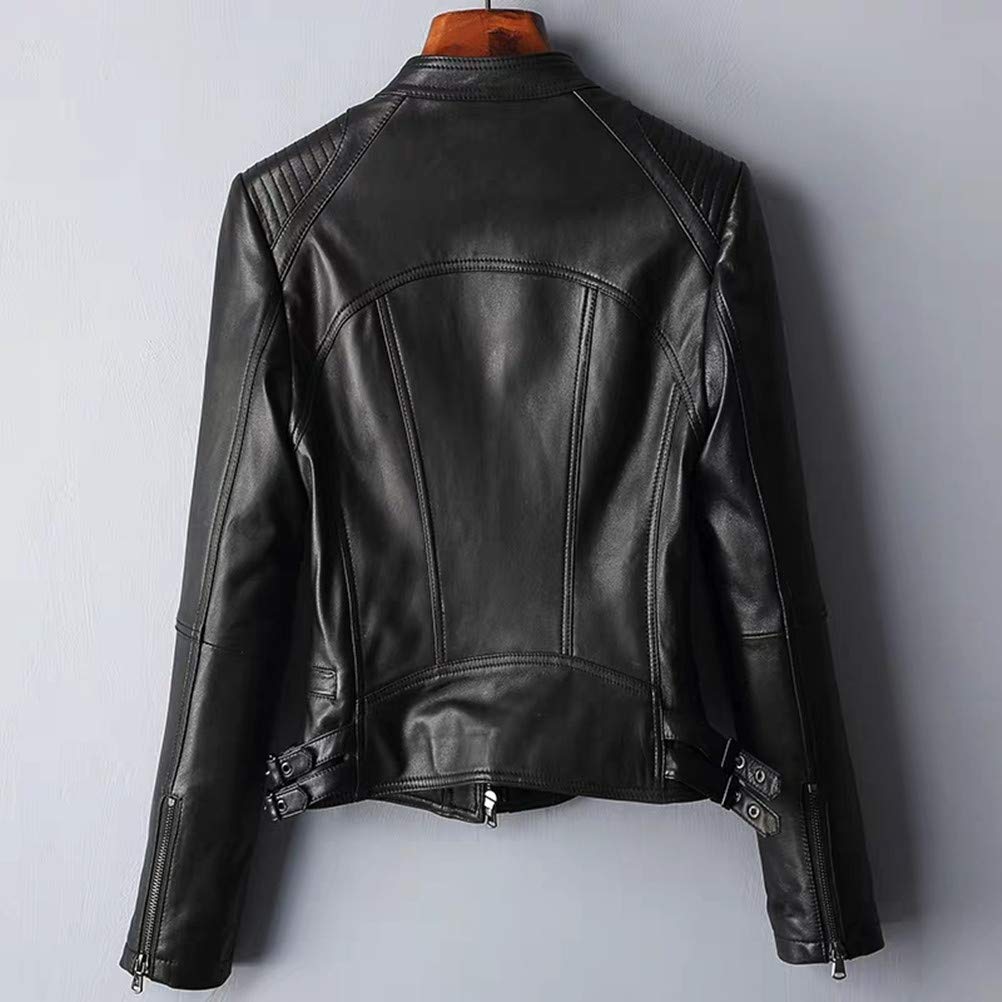 JINLUN Leather Biker Jacket with Stand Lamb Tight Spring Day Plus Size Women's Collar, Leather, Fit, Leather, Black, Mom's Gift, (L, Black)