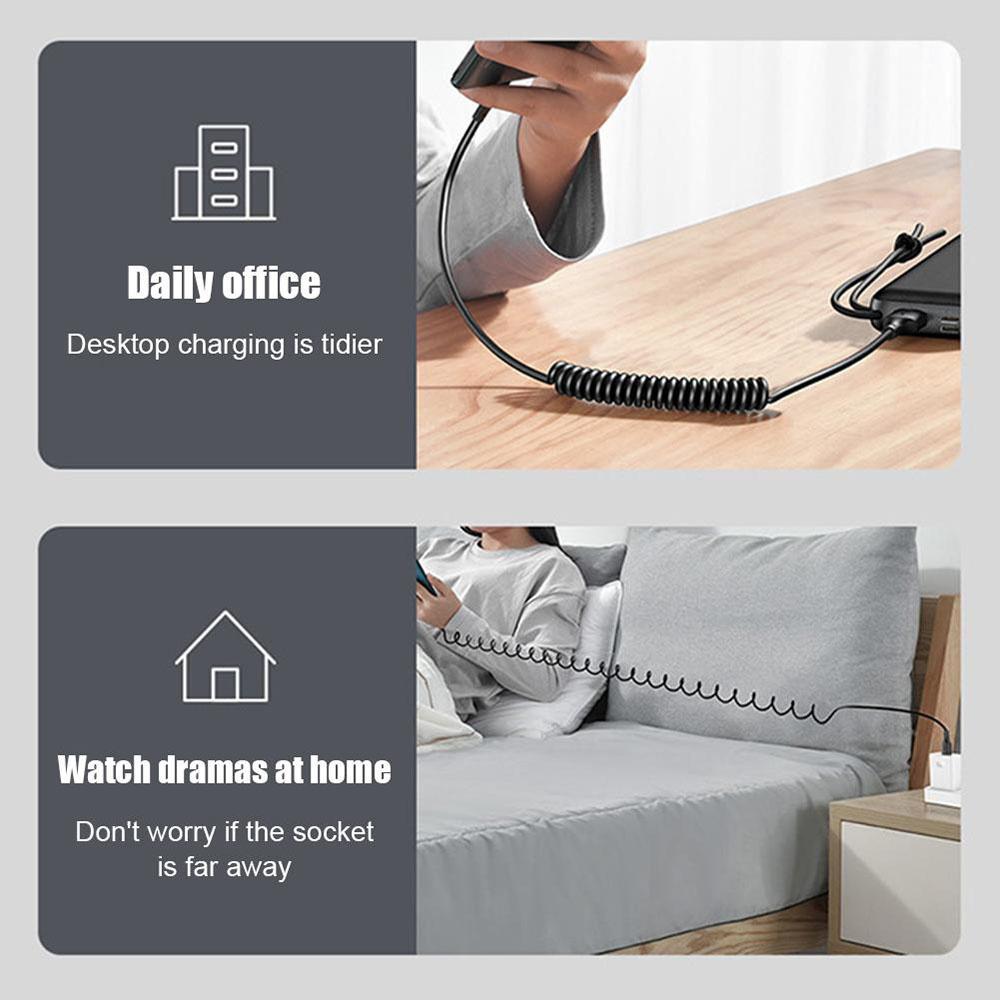 6A Fast Car Charger Cable Retractable USB C 90° Elbow Design with Spring for Samsung Tablet Laptop Carplay Wire Cords