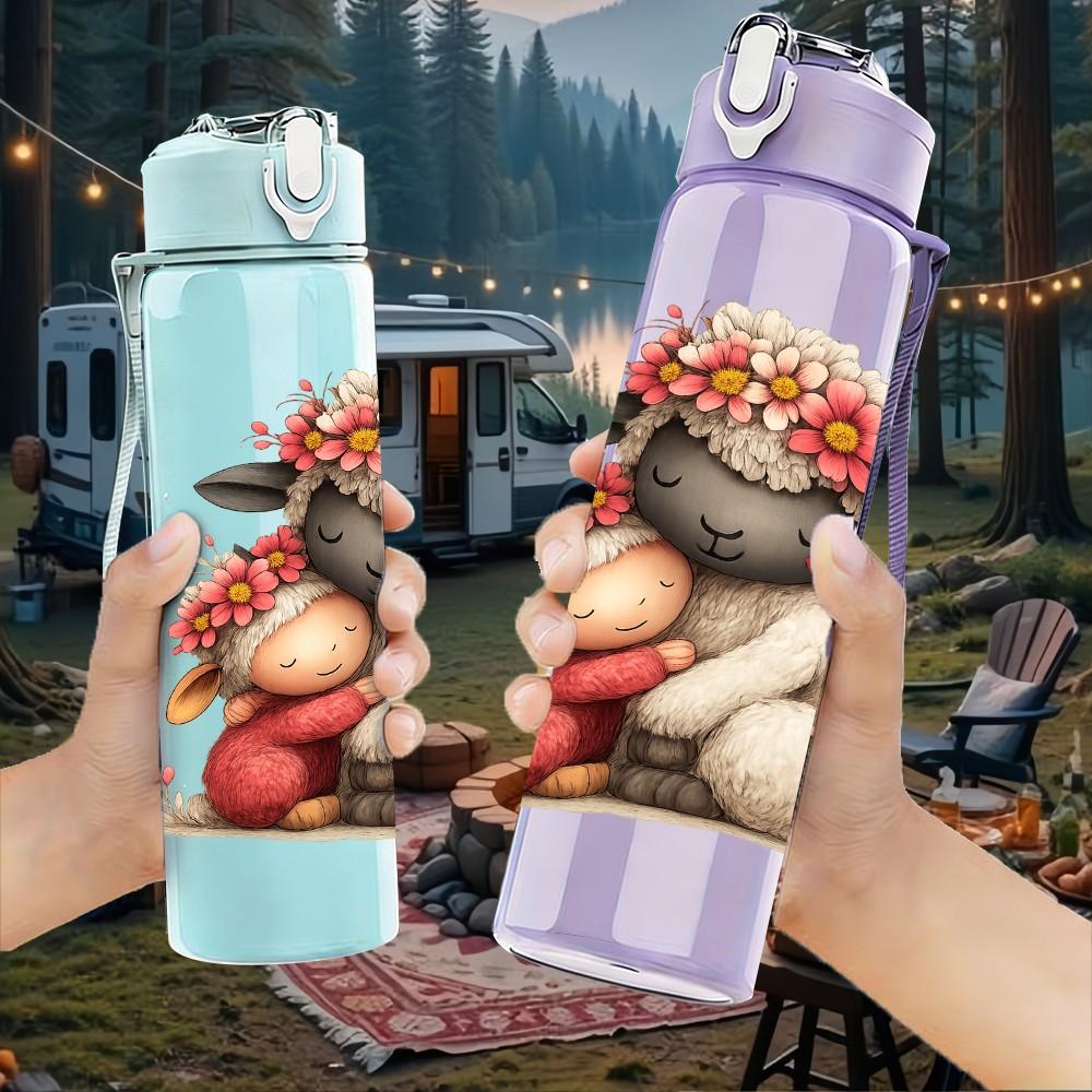 1PC Flower Crown Sheep Cartoon 750ml Color Plastic Sports Water Bottle Leakproof Flip Straw Suitable for Sports Office Home Use