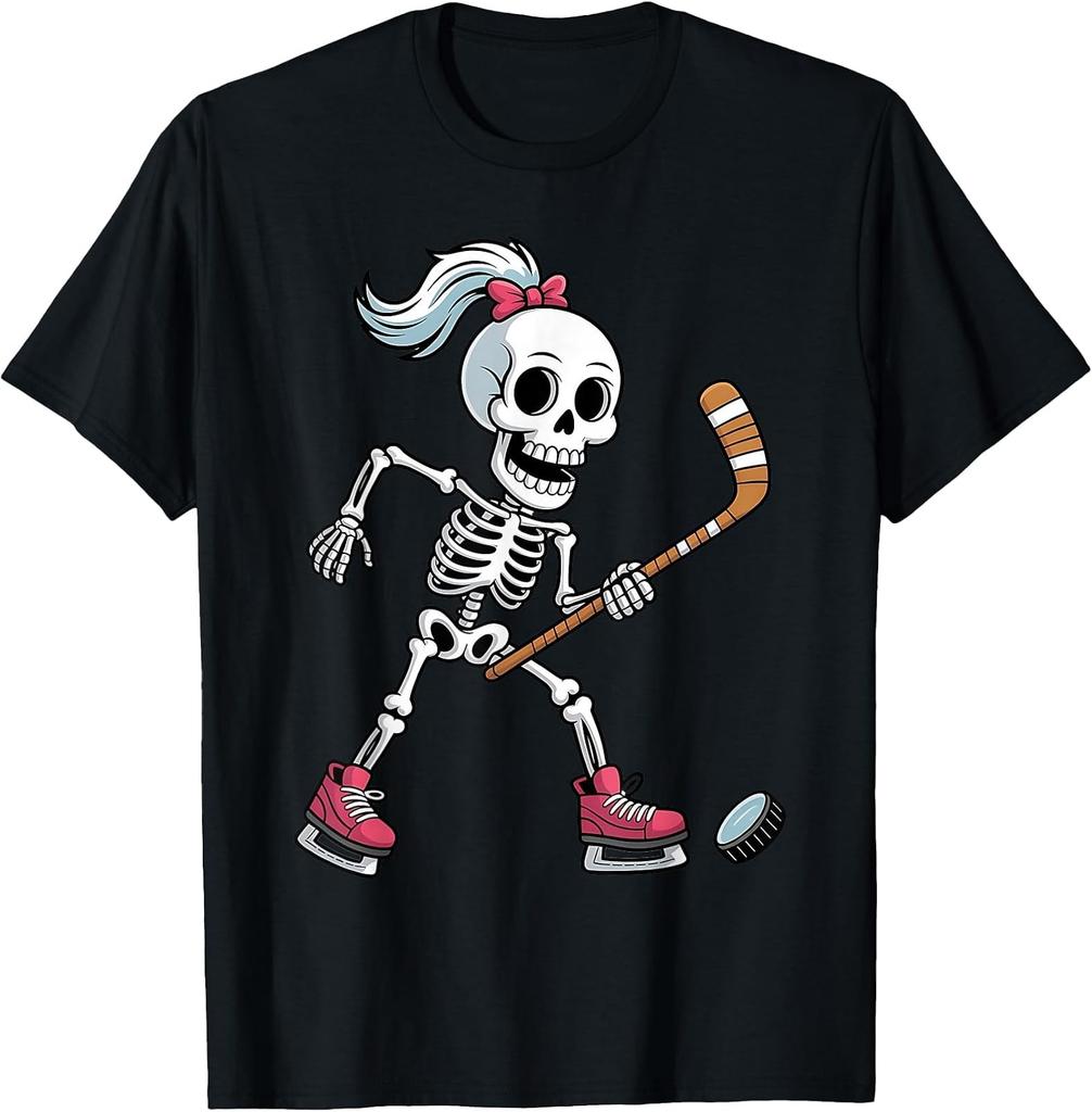 Funny Skeleton Ice Hockey Halloween T-Shirt for Women and Kids