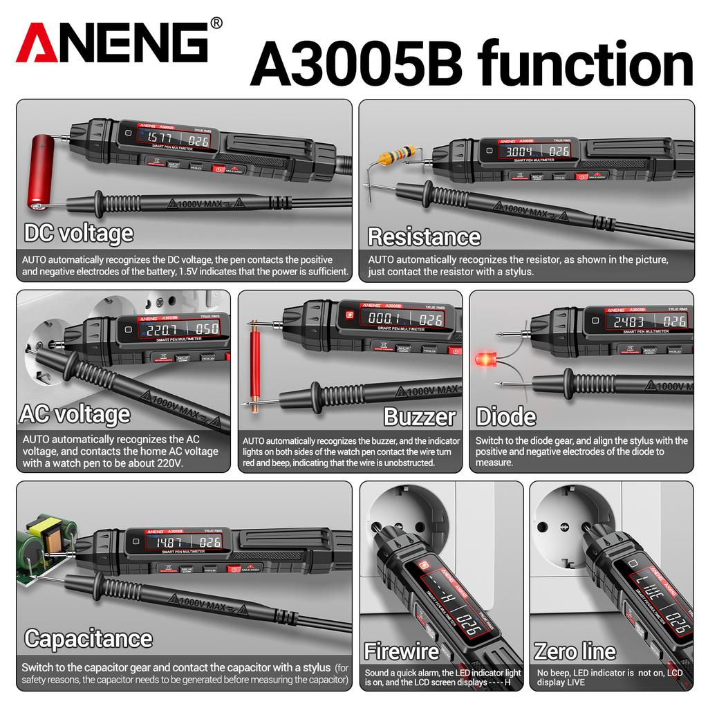 ANENG A3005AB Digital Intelligent Professional Multimeter Sensor Stift Phasenfolge Tester AC