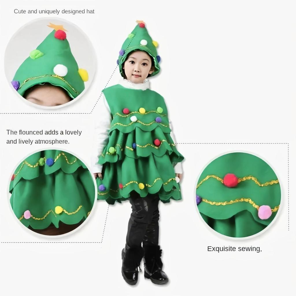 Kids Christmas Costumes 2Pcs Girls Sleeveless Dress + Hat Christmas Tree Shape Fur Ball Decoration Festival Cosplay Clothing