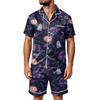 Men's Halloween Pajama Set - Satin Striped Plaid Print Short Sleeve Shirt and Shorts with Pockets, Loose Fit Two-Piece Set for Home Daily Wear