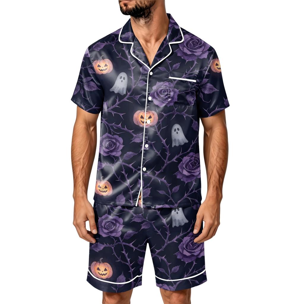 Men's Halloween Pajama Set - Satin Striped Plaid Print Short Sleeve Shirt and Shorts with Pockets, Loose Fit Two-Piece Set for Home Daily Wear