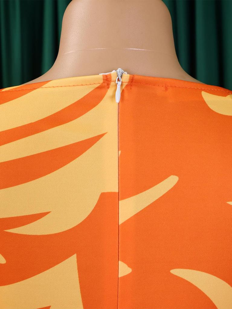 Women's 2024 Spring Lace-up Print African Plus Size Midi Dress