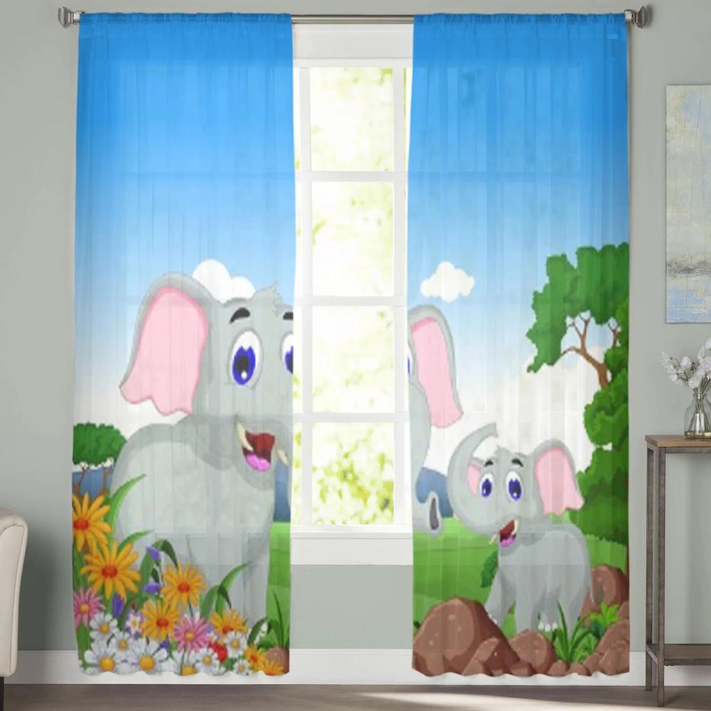 Lustige Elefanten-Cartoon-Vorhänge für Wohnzimmer, Kinder, Schlafzimmer, Tüllvorhänge, Küche, Fenster, Behandlungsvorhänge