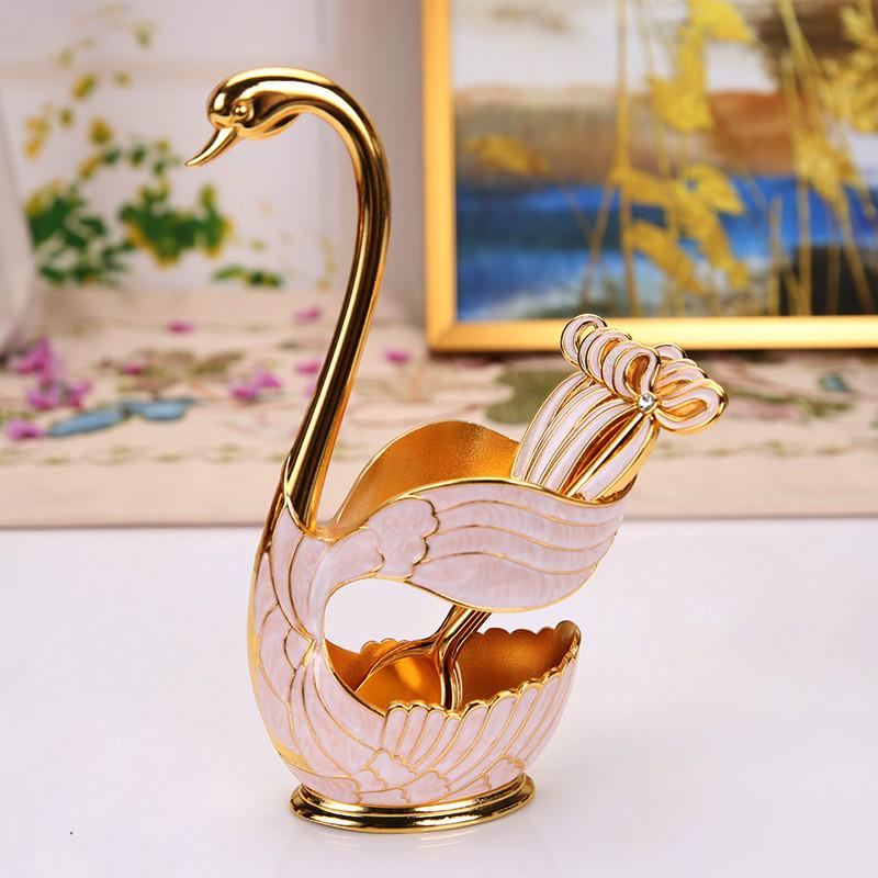 6Pcs/set Gold Silver Cutlery Set Dinnerware Silverware Flatware Set Swan Spoon Stand Holder Cake Dessert Snack Spoon Kitchen Set