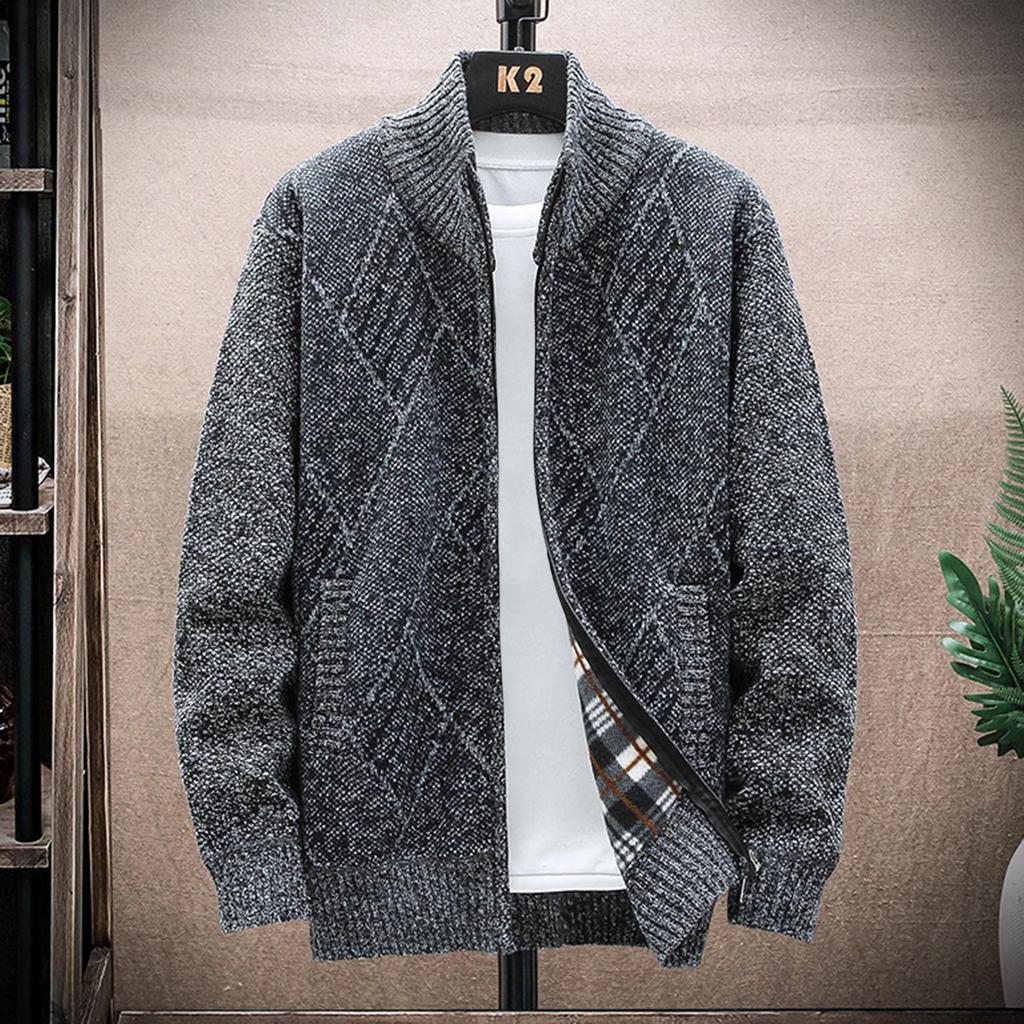 Men's Cardigan Sweaters Knitted Full Zip Collared Regular Fit Jacket Casual Color Block Baggy Winter Warm Coat