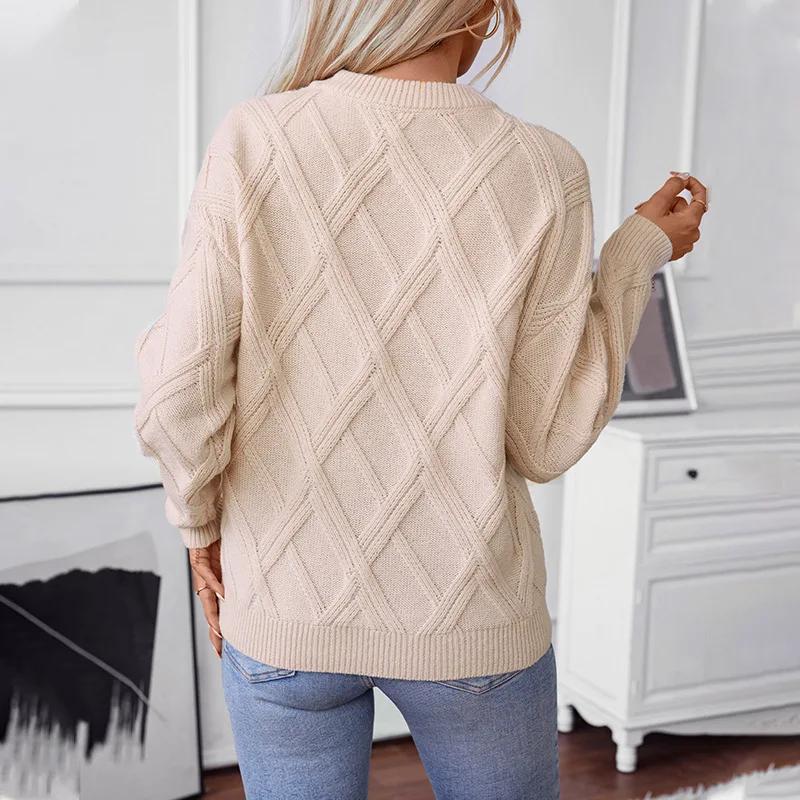 Damen Pullover Argyle Langarm Rundhals Gestrickte Pullover Uni Gerade Dicke Jumper Elegant Leichter Stretch Regulär