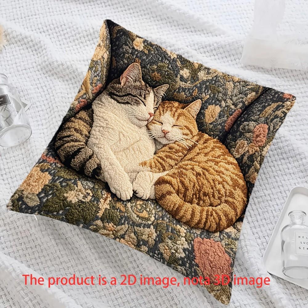VIKAMA 2D Cute Little Cat Pillow Cover, Living Room Sofa Cushion Cover, Zippered Satin Velvet Pillow Cover for Home Decor