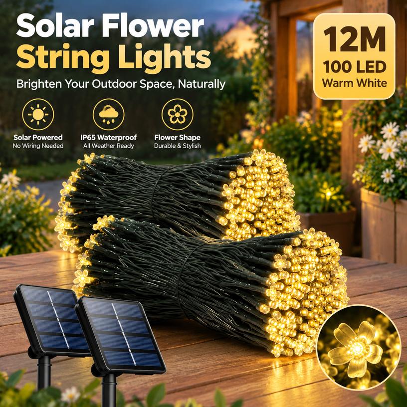 Solar Powered Flower String Lights IP65 Waterproof Outdoor Garden Decor