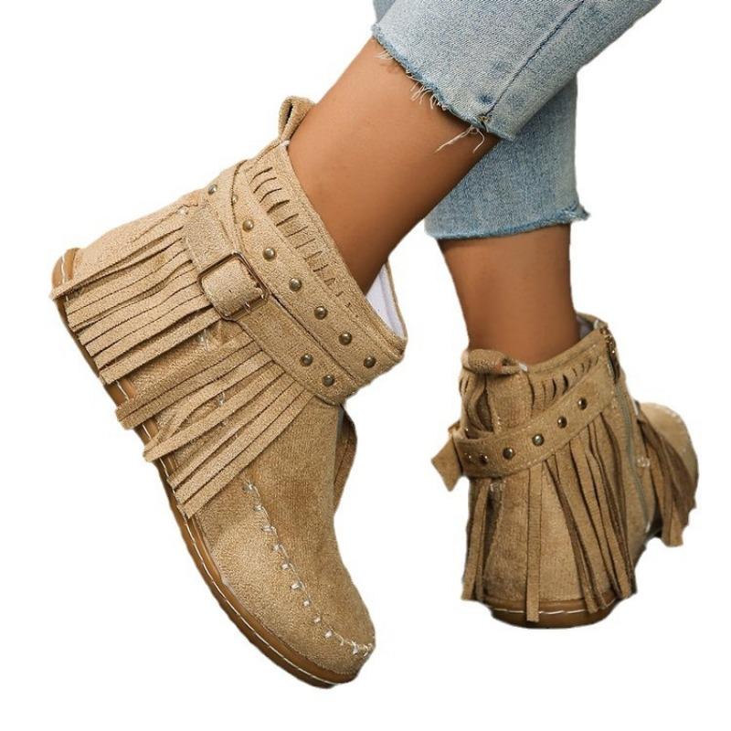 Large Size Rivet Tassel Metal Buckle with Short Tube Cigarette Boots Autumn and Winter New Flat-bottomed Warm Women's Boots