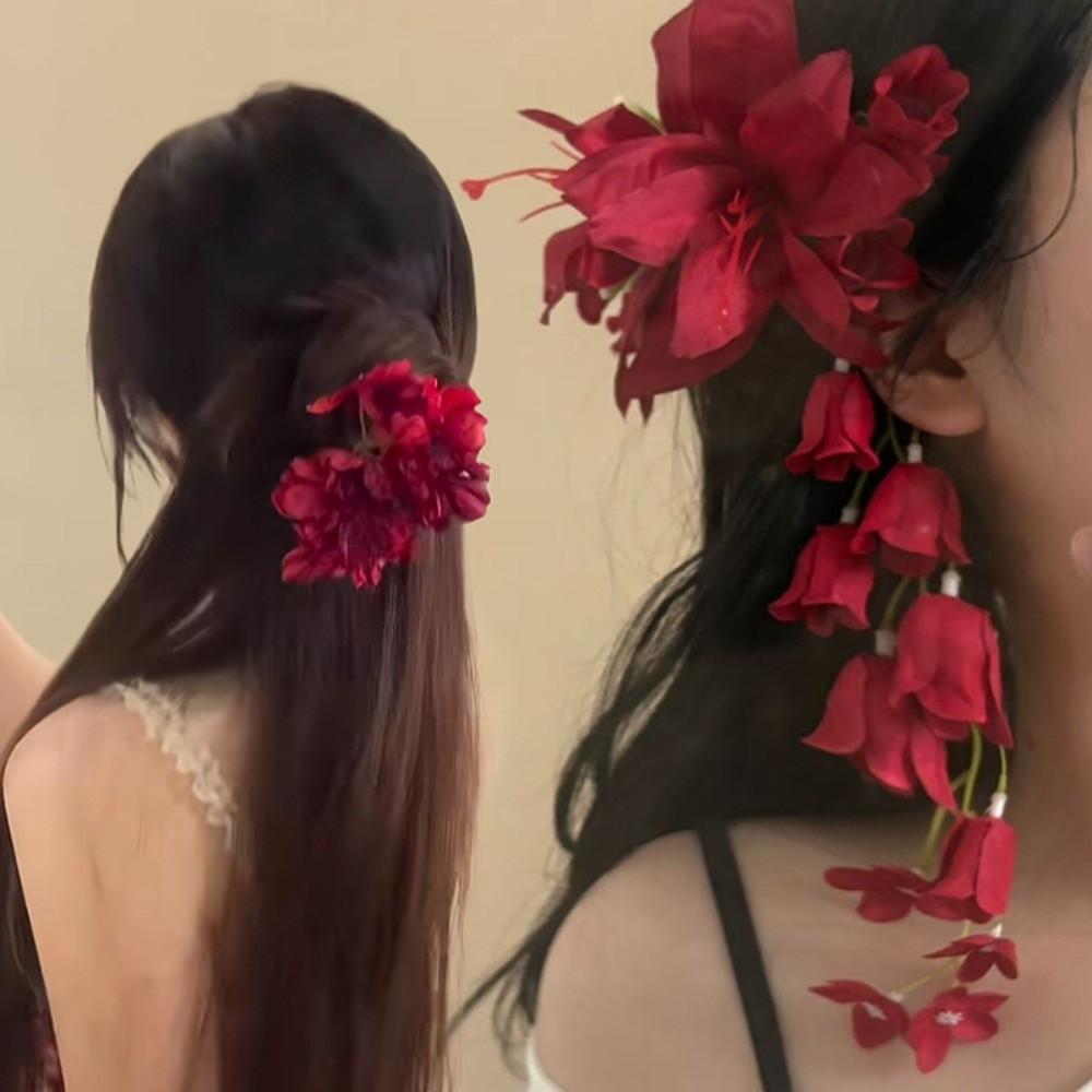 Red Rose Flower Hair Clips Artificial Flower Flower Petal Hairgrip Lily Tassels Hairpins Bridal