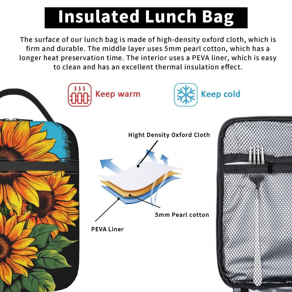Sunflower Pattern Insulated Lunch Bag for Women Kids Portable Food Boxes Thermal Lunch Box Tote